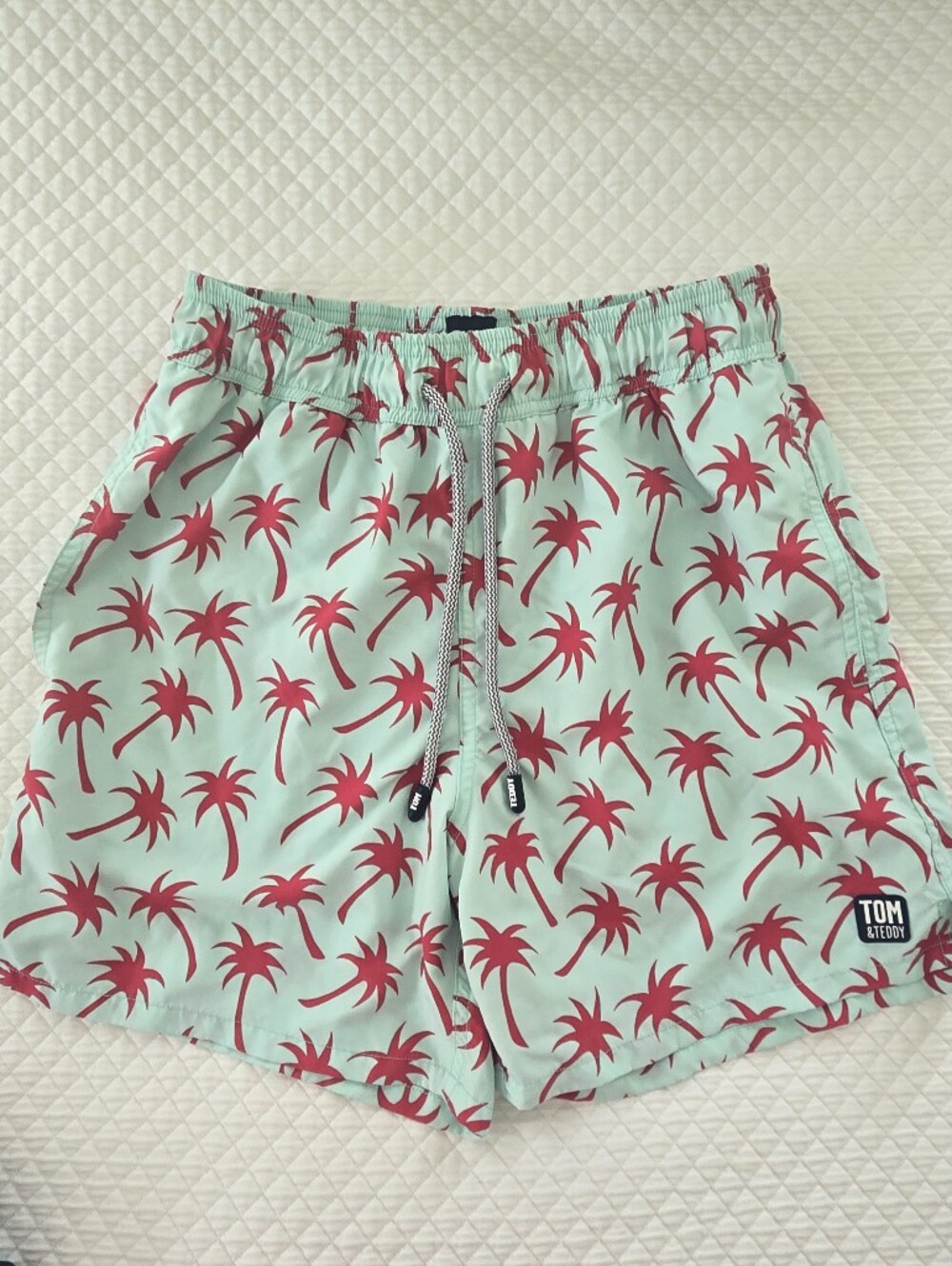 Tom & Teddy Mint Green Swim Shorts with Red Palm Print